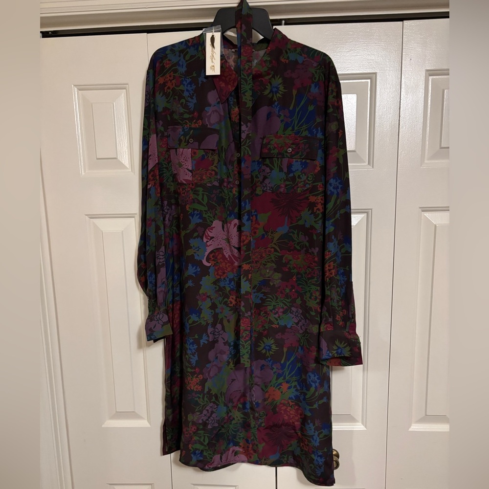 100% Silk Gold Hawk Shirt Dress Size L in Chocolate Winter Pattern